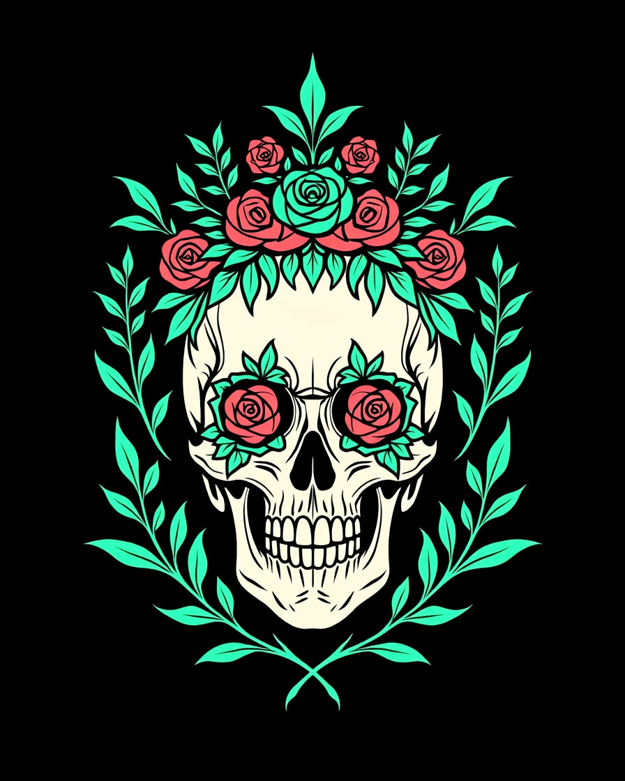 Coral Rose Skull Laurel Wreath Rug