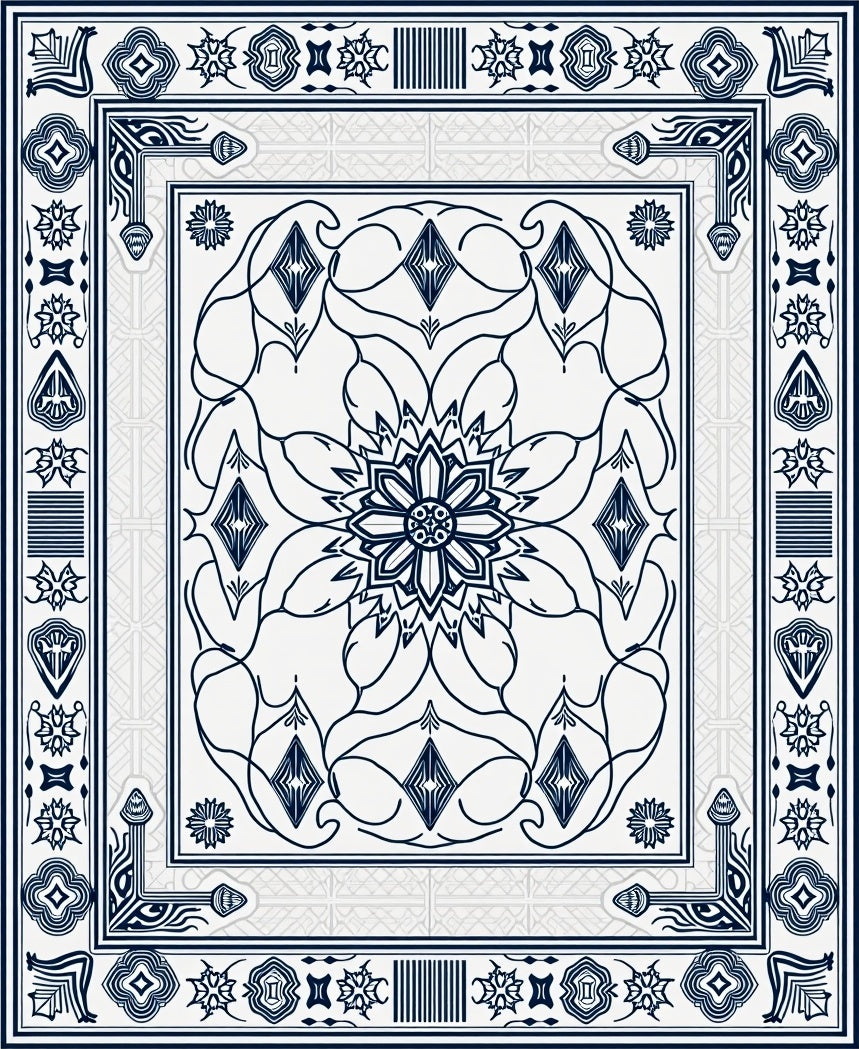 Linen White Navy Floral Medallion Frame Rug