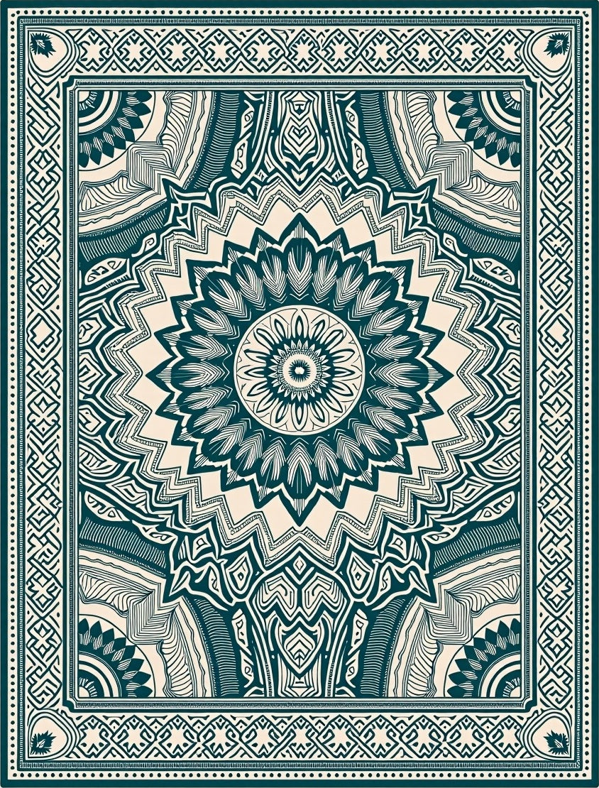 Deep Teal Intricate Mandala Border Rug