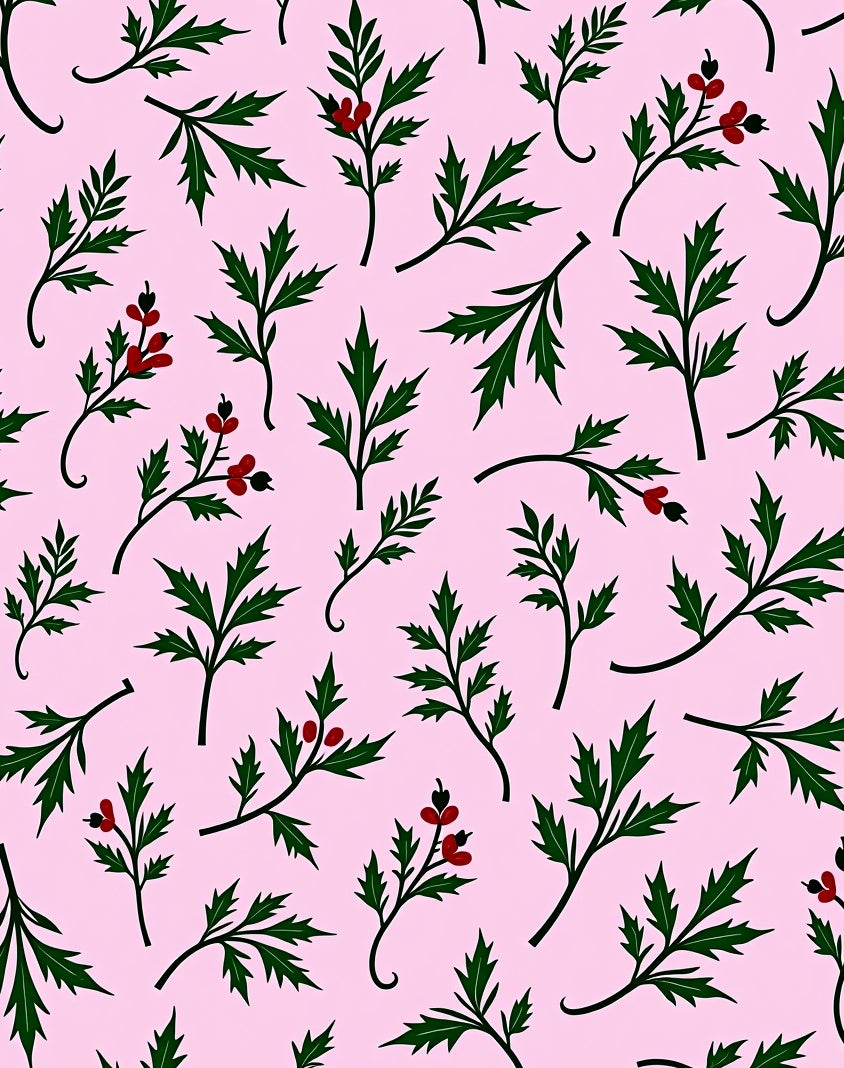 Green Leaf Red Berry Floral Scatter Rug