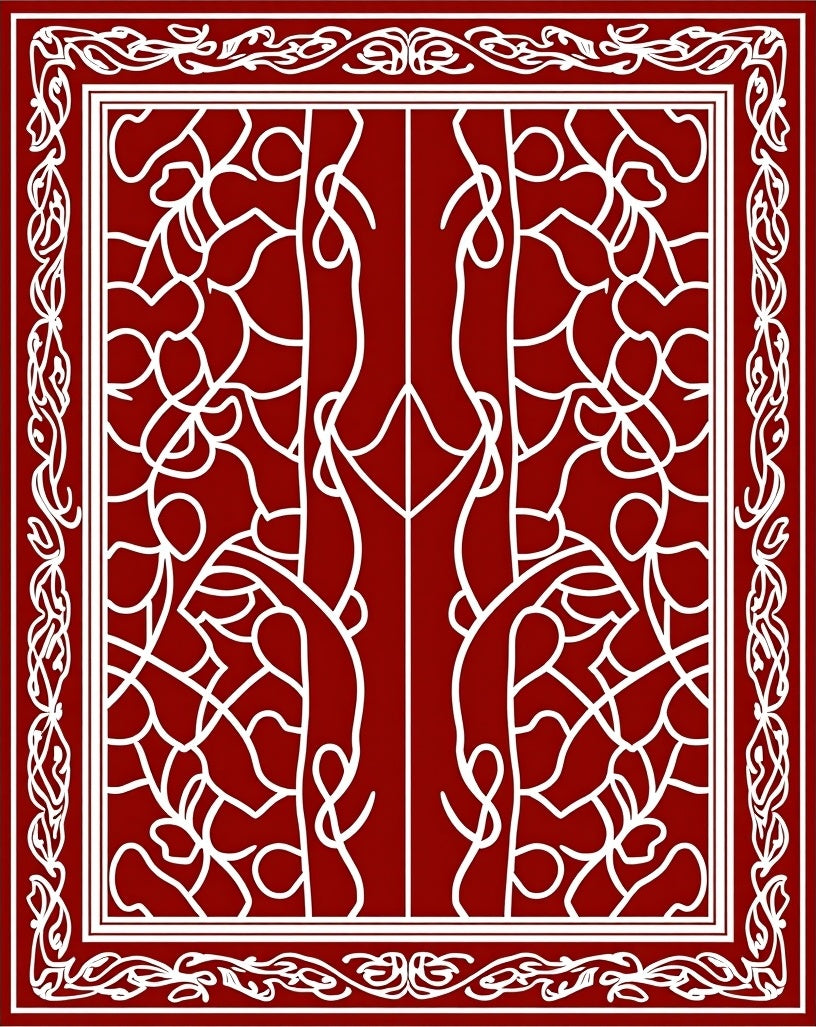 Deep Red White Vine Scroll Border Rug