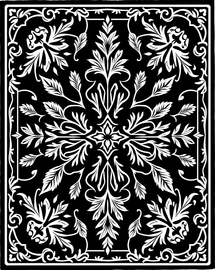 White Ornate Scrollwork Foliage Contrast Rug