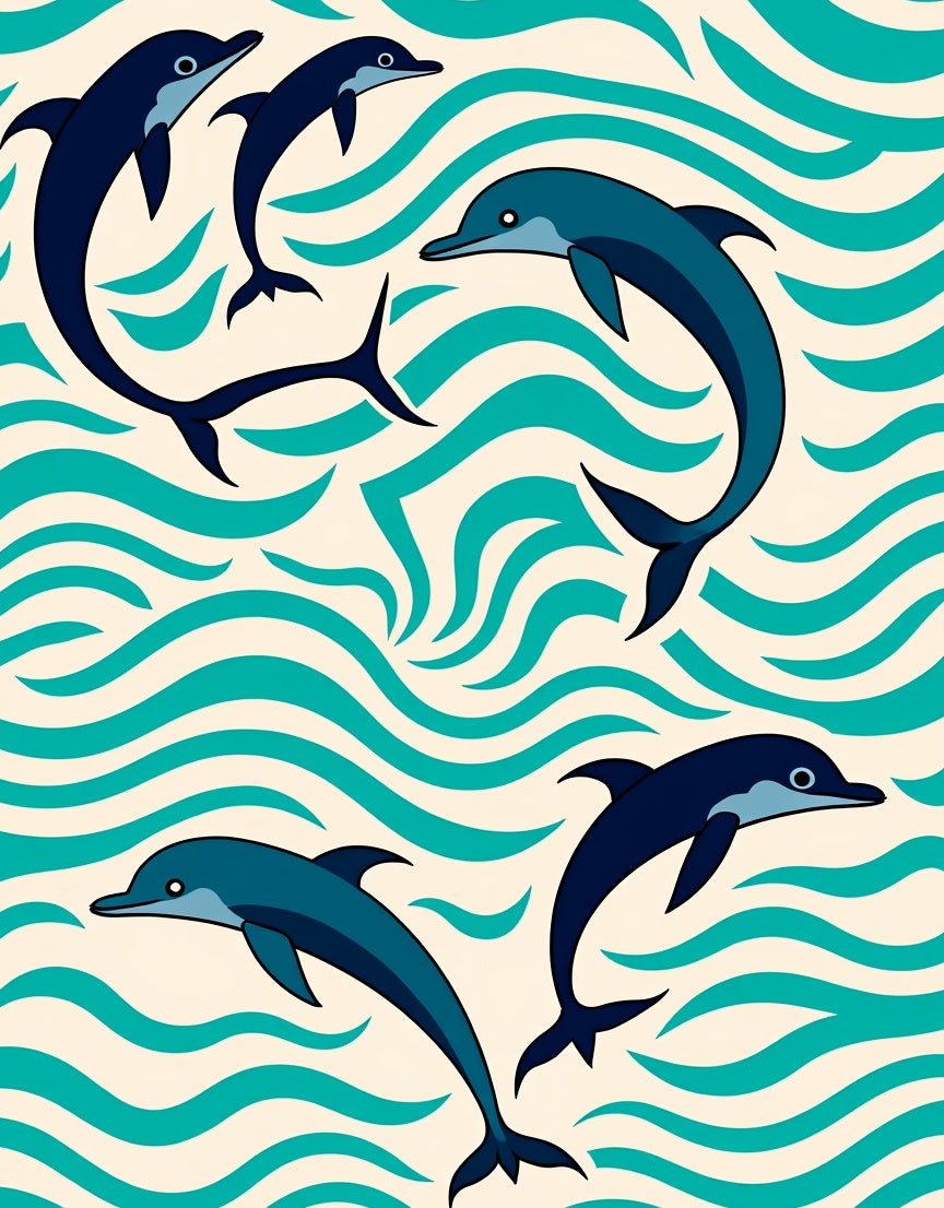 Navy Blue Dolphins Ocean Waves Rug