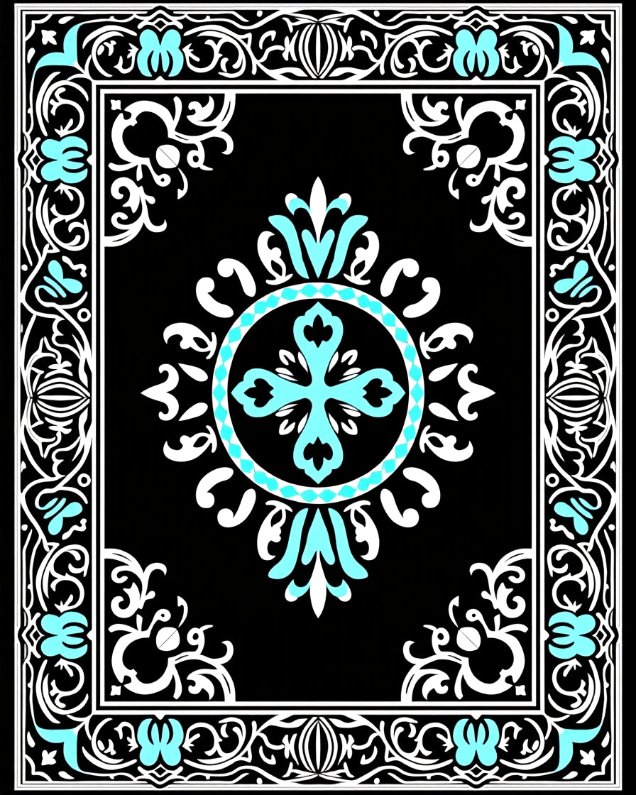 Elegant Black Teal Floral Ornament Rug