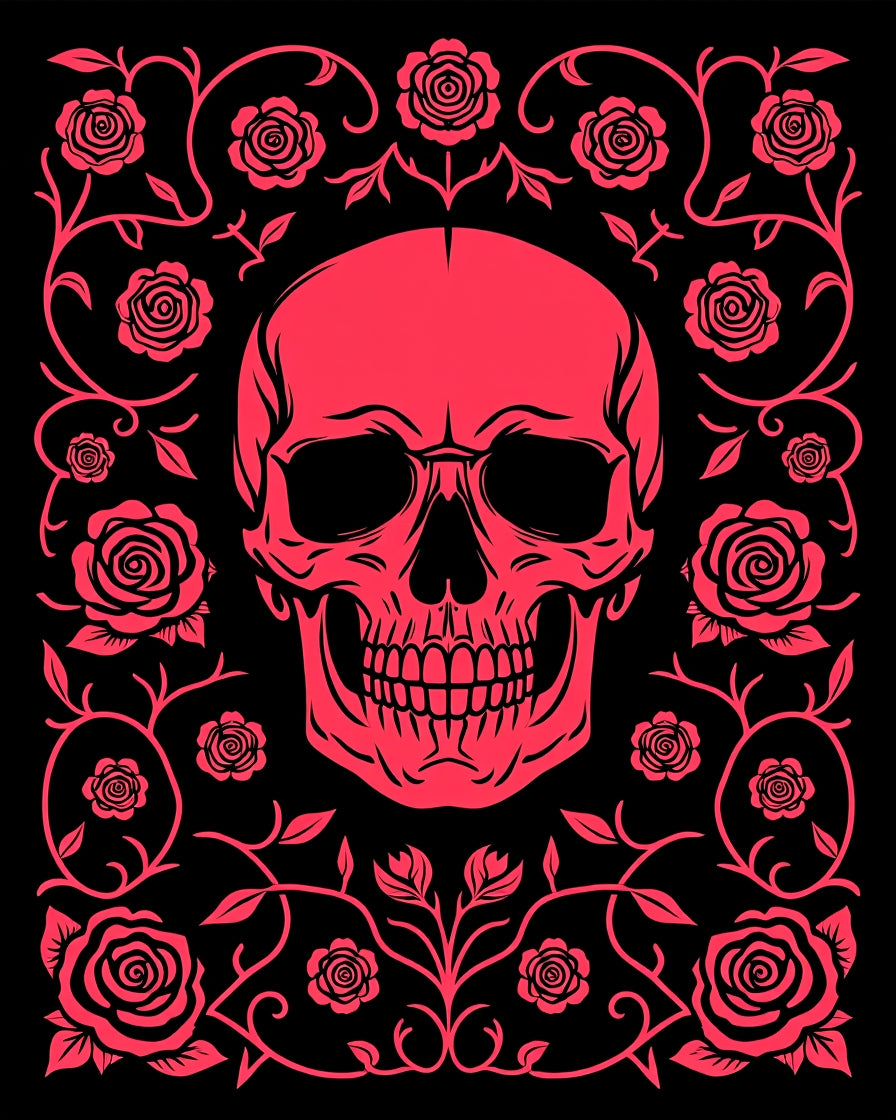 Crimson Skull With Rose Vine Border Rug
