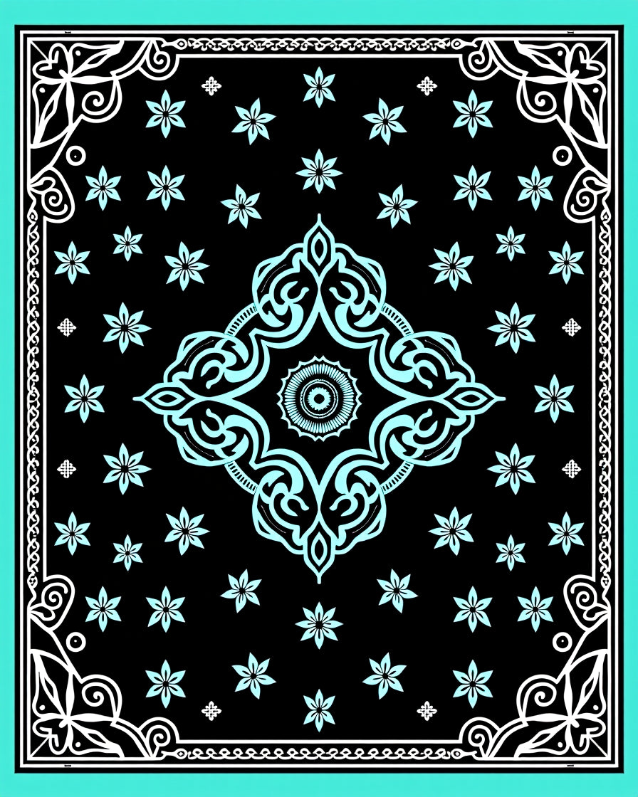 Black Turquoise Floral Mandala Border Rug