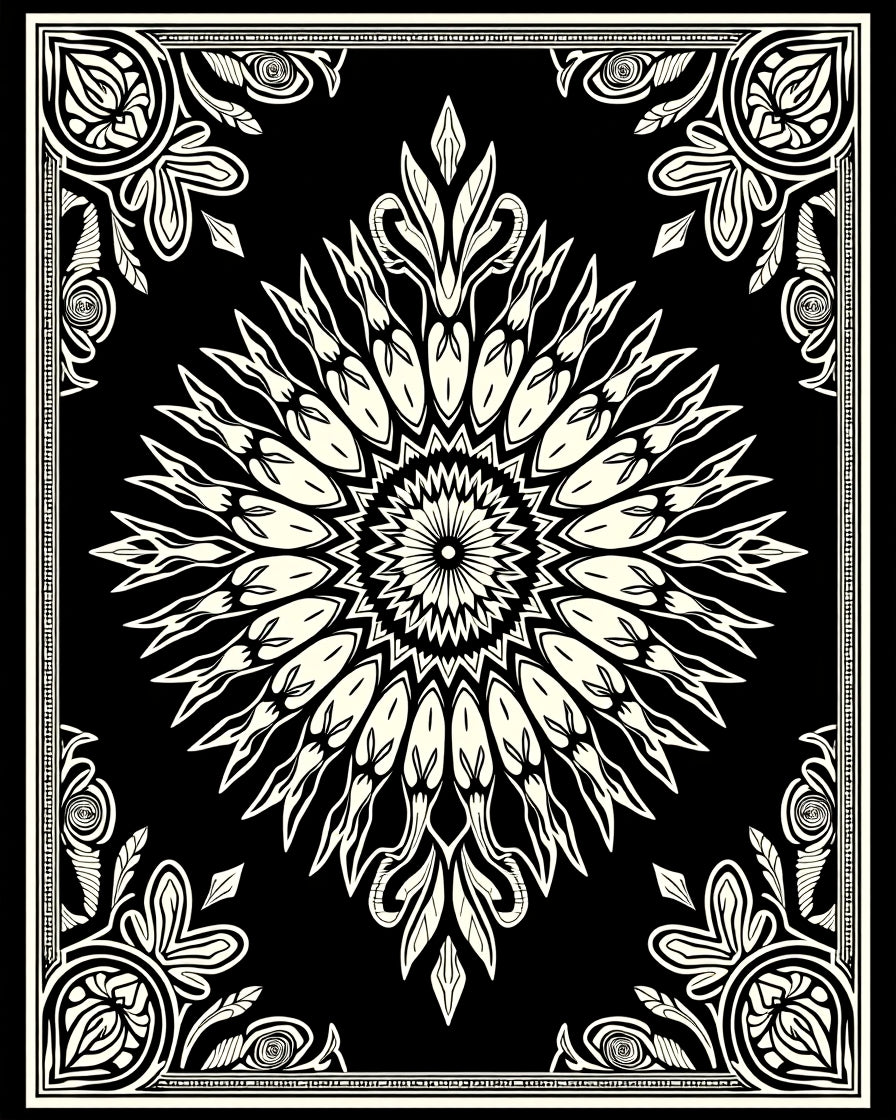 Black Cream Sunburst Mandala Bordered Rug