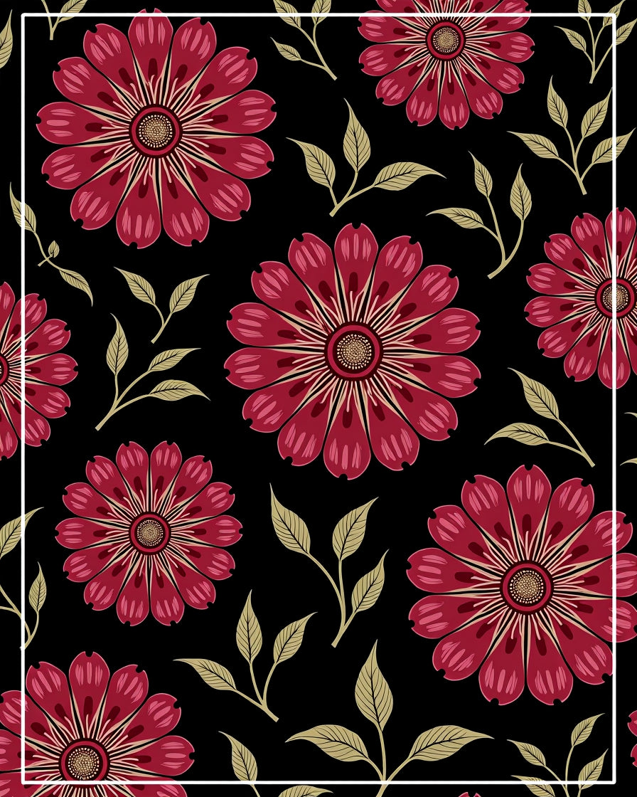 Deep Red Floral Black Background Accent Rug