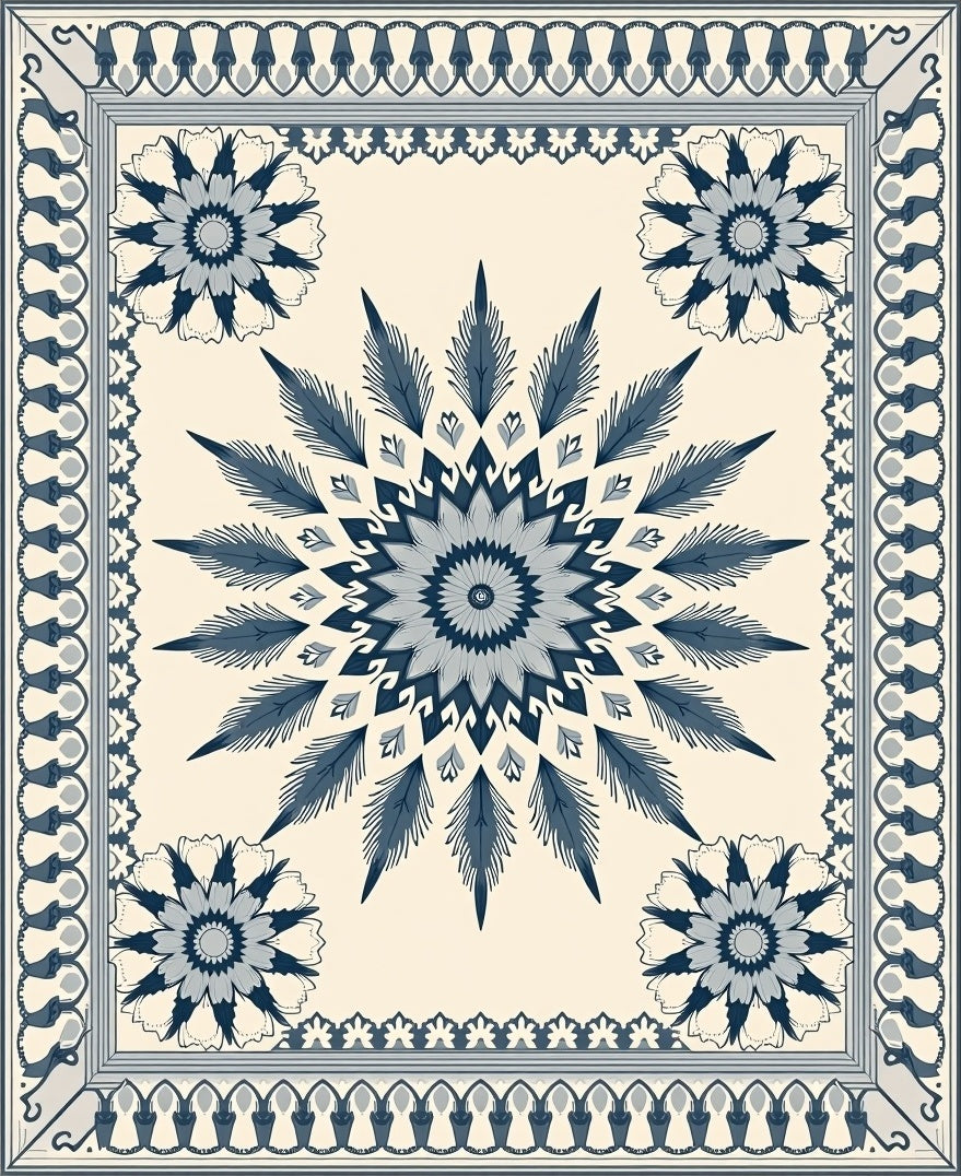 Navy Blue Sunburst Floral Medallion Rug