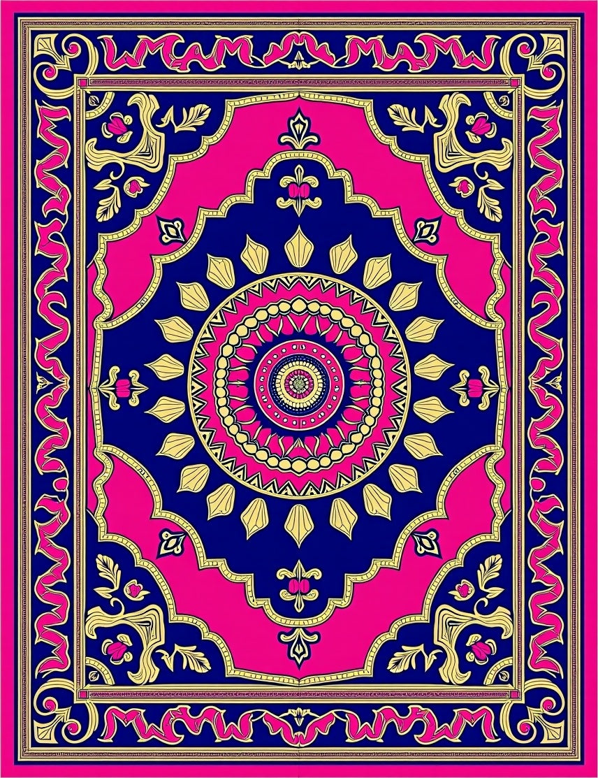 Vibrant Pink Blue Golden Mandala Rug