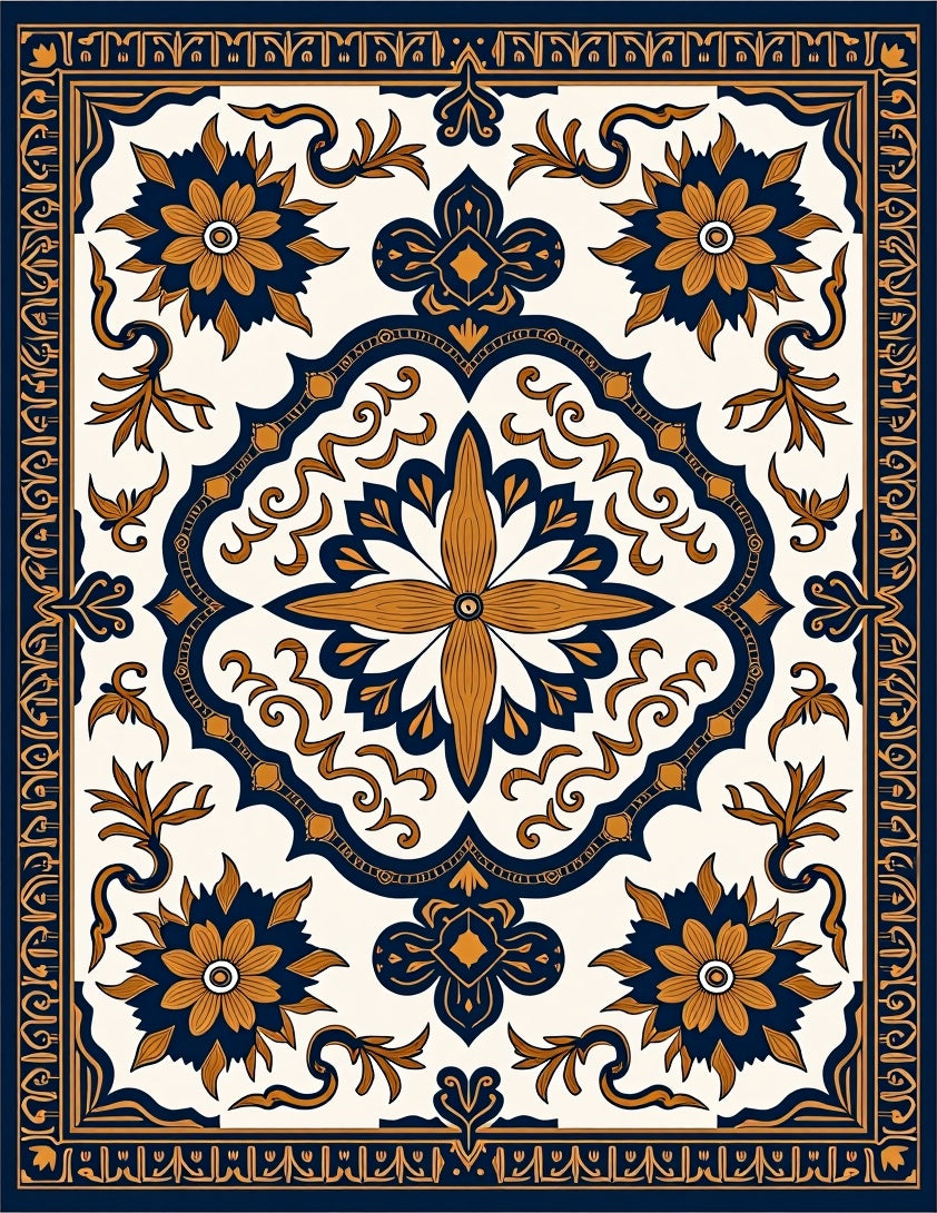 Navy Gold Floral Medallion Mandala Rug