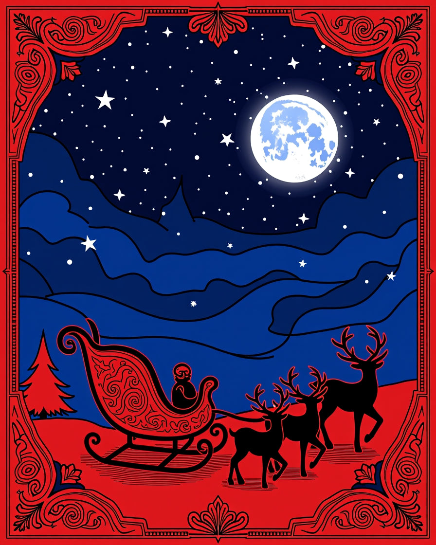 Red Blue Night Sleigh Midnight Scene Rug