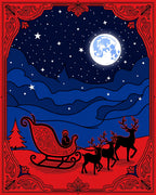 Red Blue Night Sleigh Midnight Scene Rug