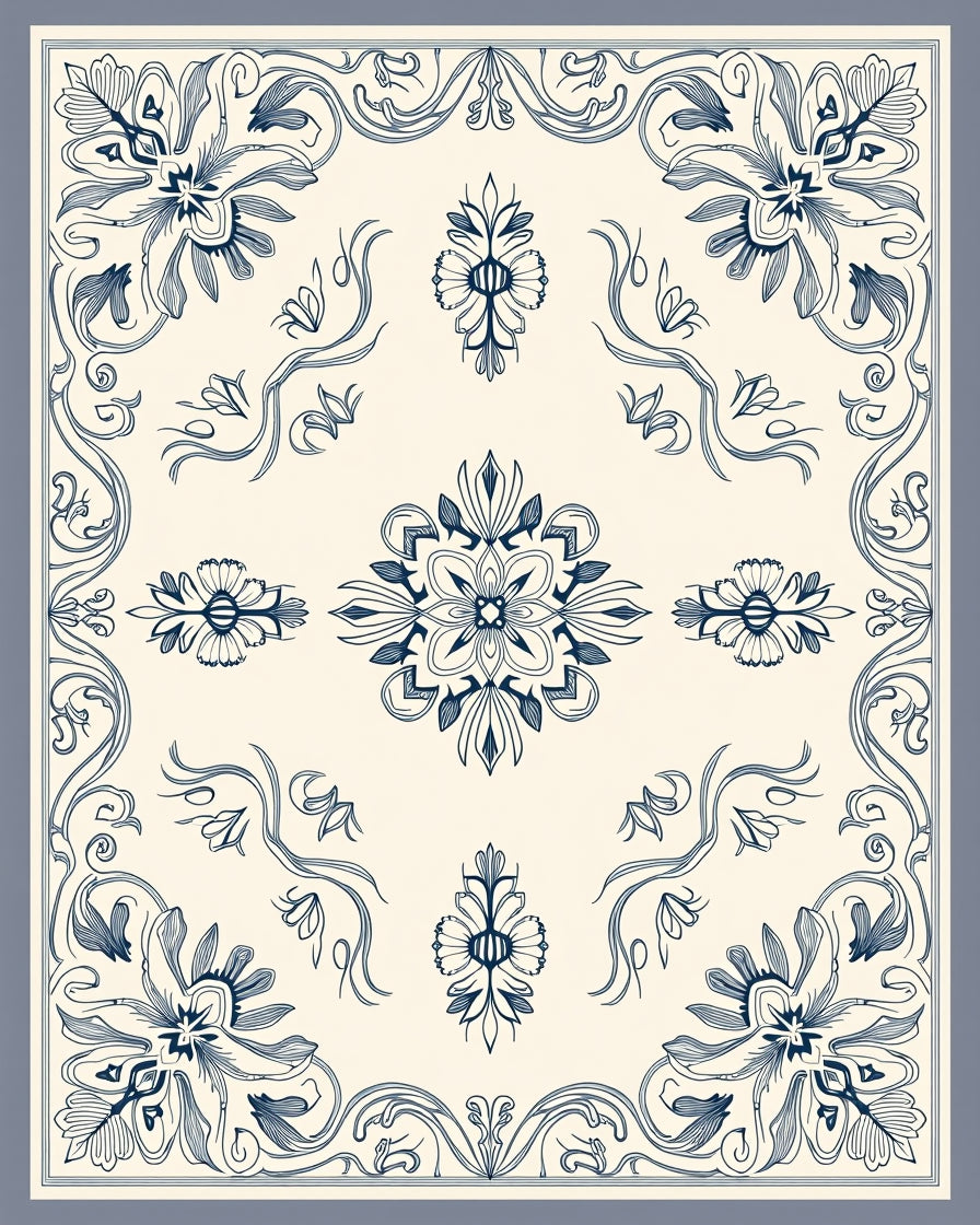 Navy Blue Floral Scroll Border Rug