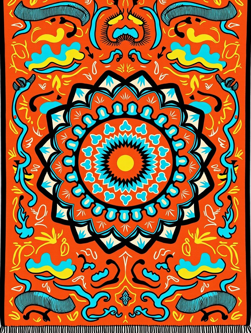 Orange Medallion Sun Turquoise Flames Rug