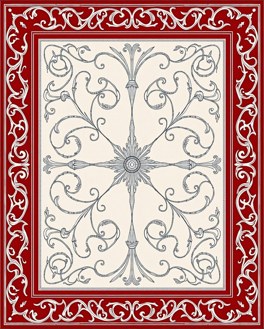 Crimson Red Ornate Floral Scroll Rug
