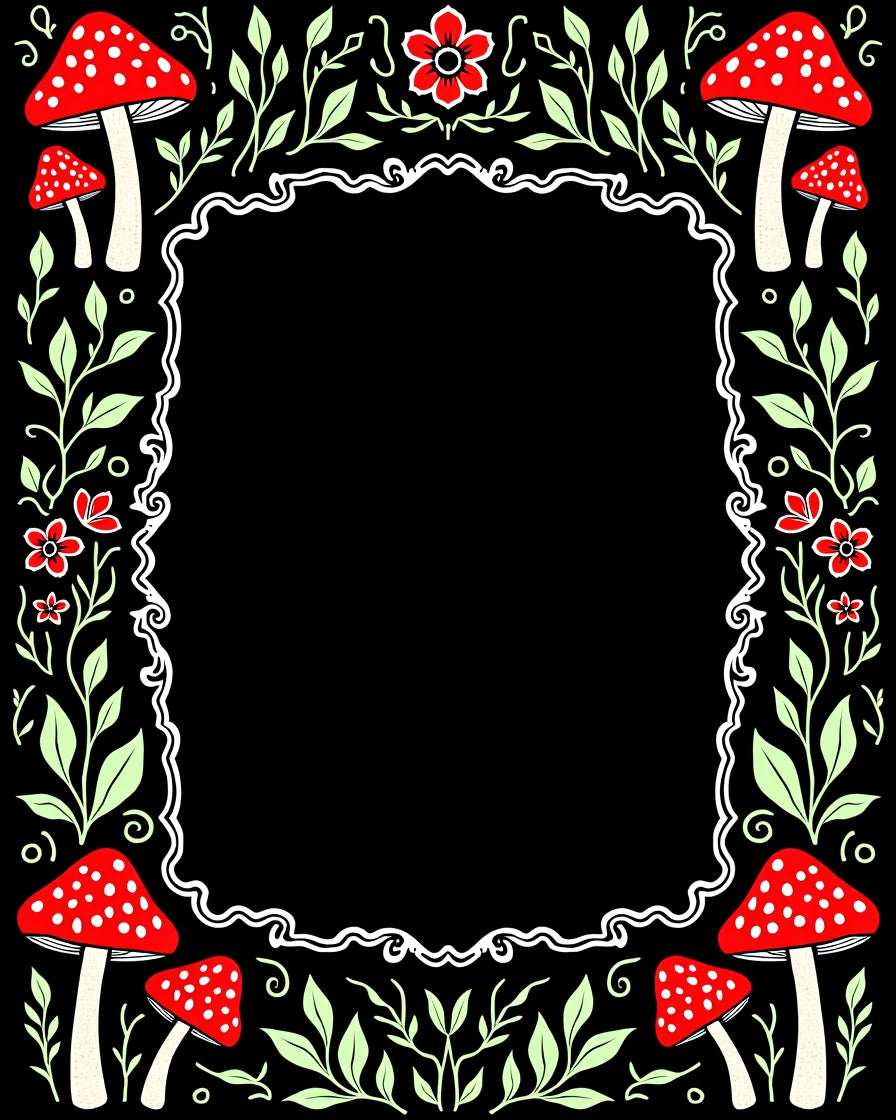 Whimsical Red Mushroom Foliage Border Rug