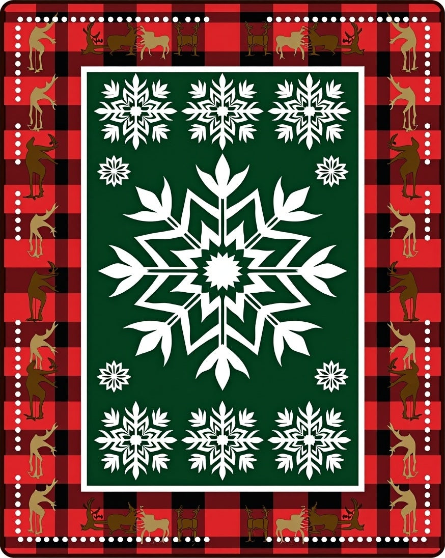 Red Black Buffalo Plaid Snowflake Deer Rug