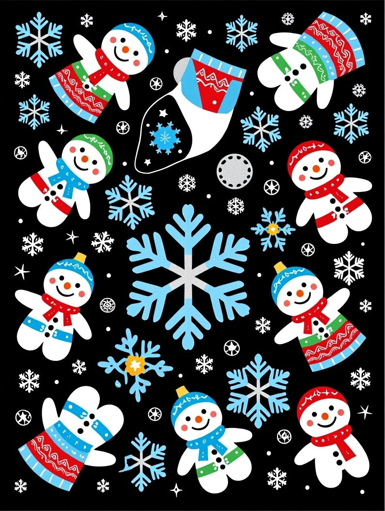 Festive Snowman Mittens Blue Snowflake Black Rug