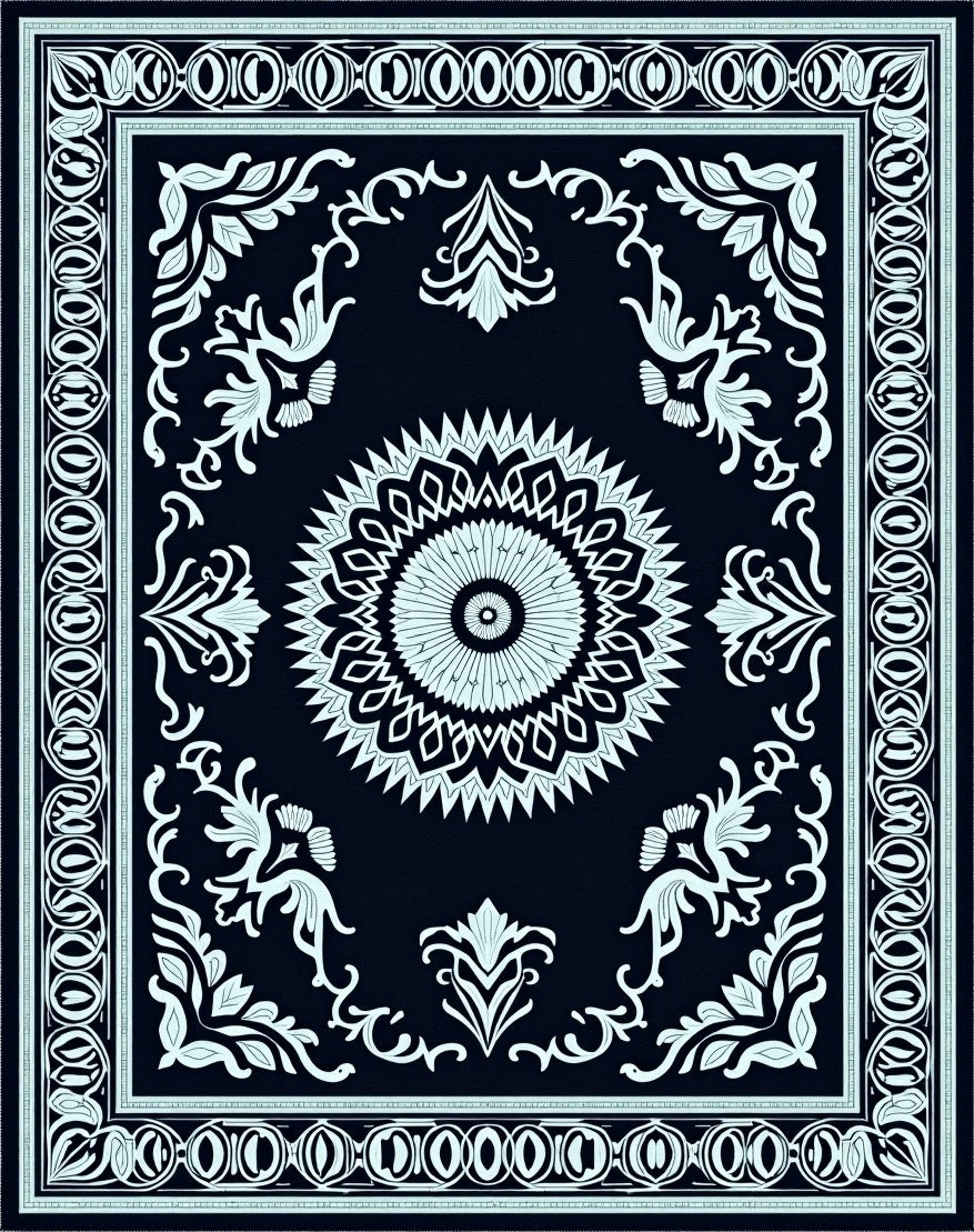 Dark Blue White Mandala Floral Border Rug