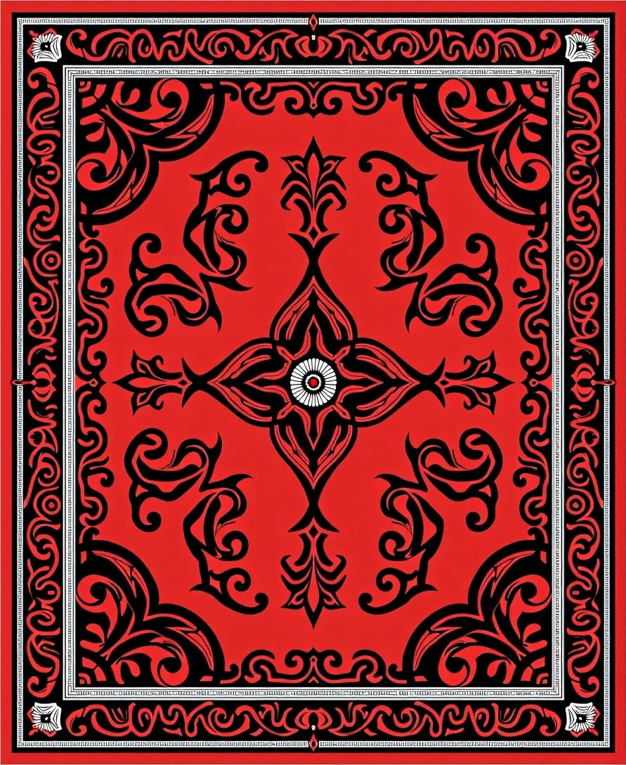 Crimson Black Abstract Symmetrical Ornament Rug