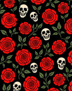 Red Roses and Skulls Black Ground Rug