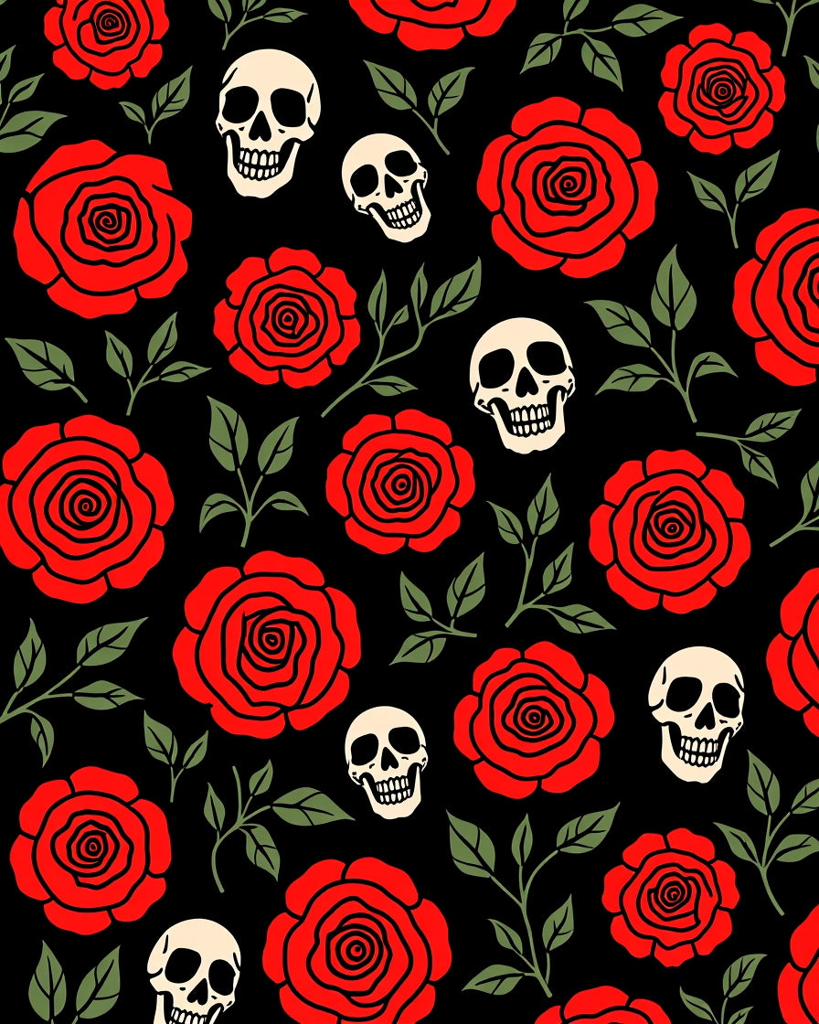 Red Roses and Skulls Black Ground Rug
