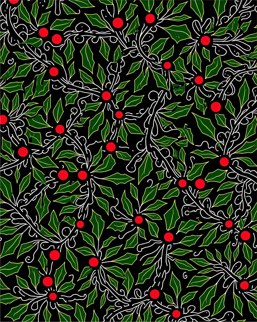 Black Green Holly Berry Branch Rug