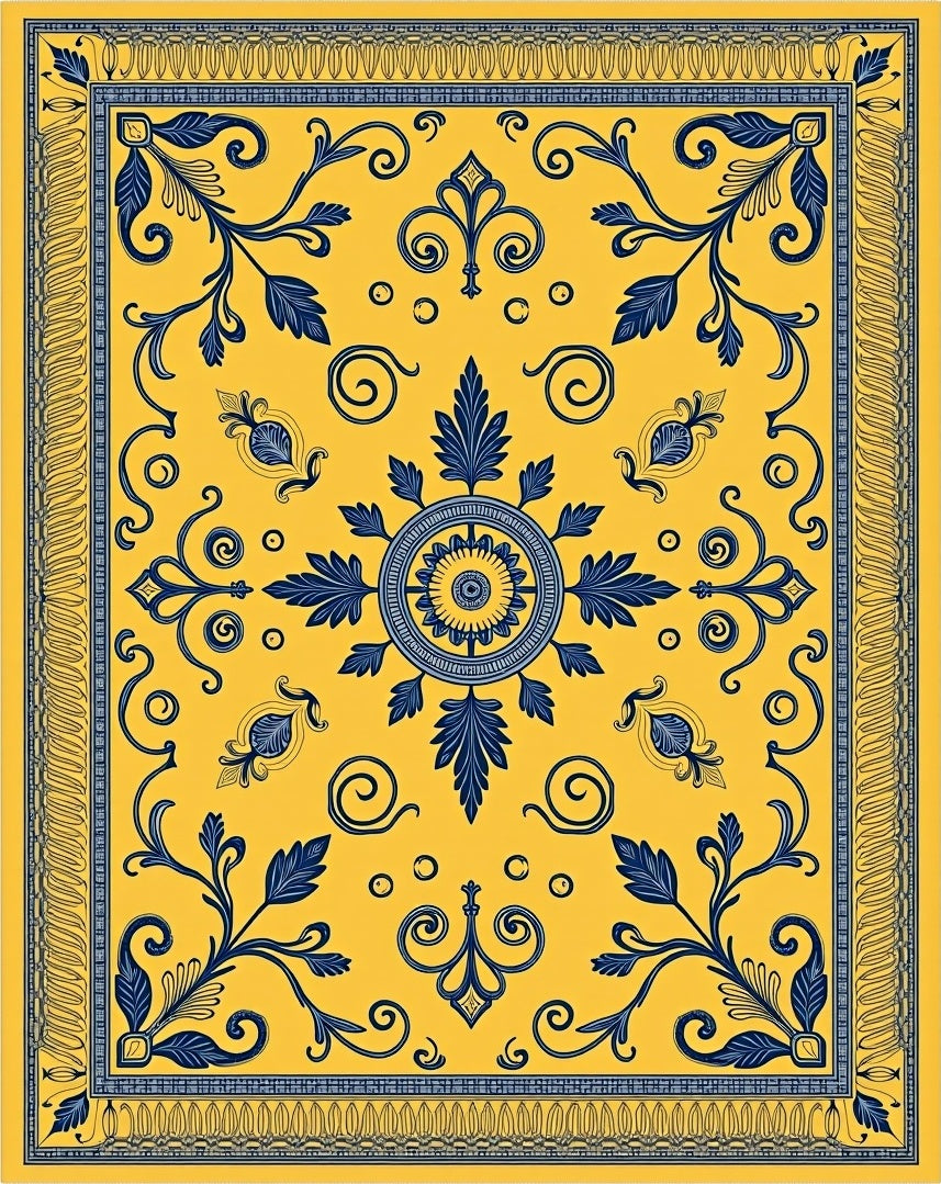 Golden Yellow Blue Floral Medallion Rug