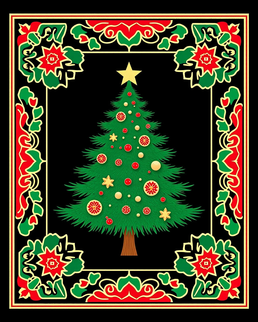 Festive Red Green Star Christmas Tree Rug