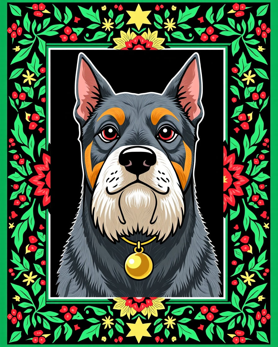 Festive Floral Dog Portrait Artwork Rug