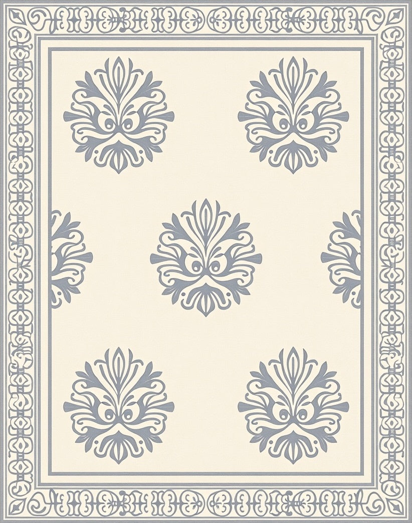 Pale Gray Floral Medallion Border Rug