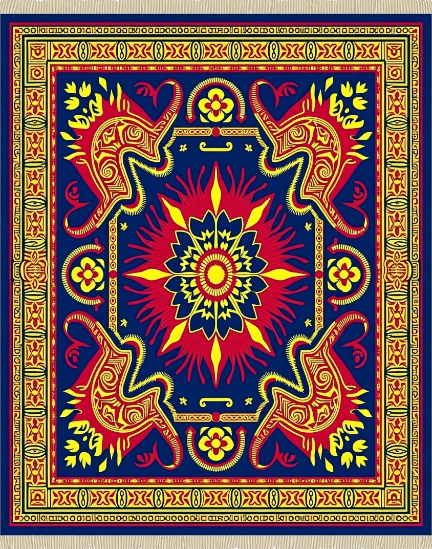 Bold Red Yellow Elephant Medallion Rug