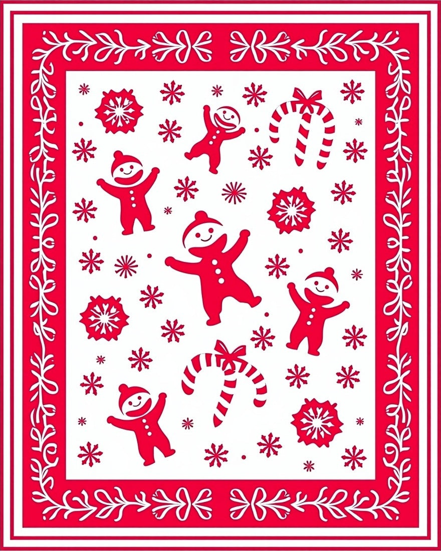 Red Gingerbread Candy Cane Snowflakes Rug