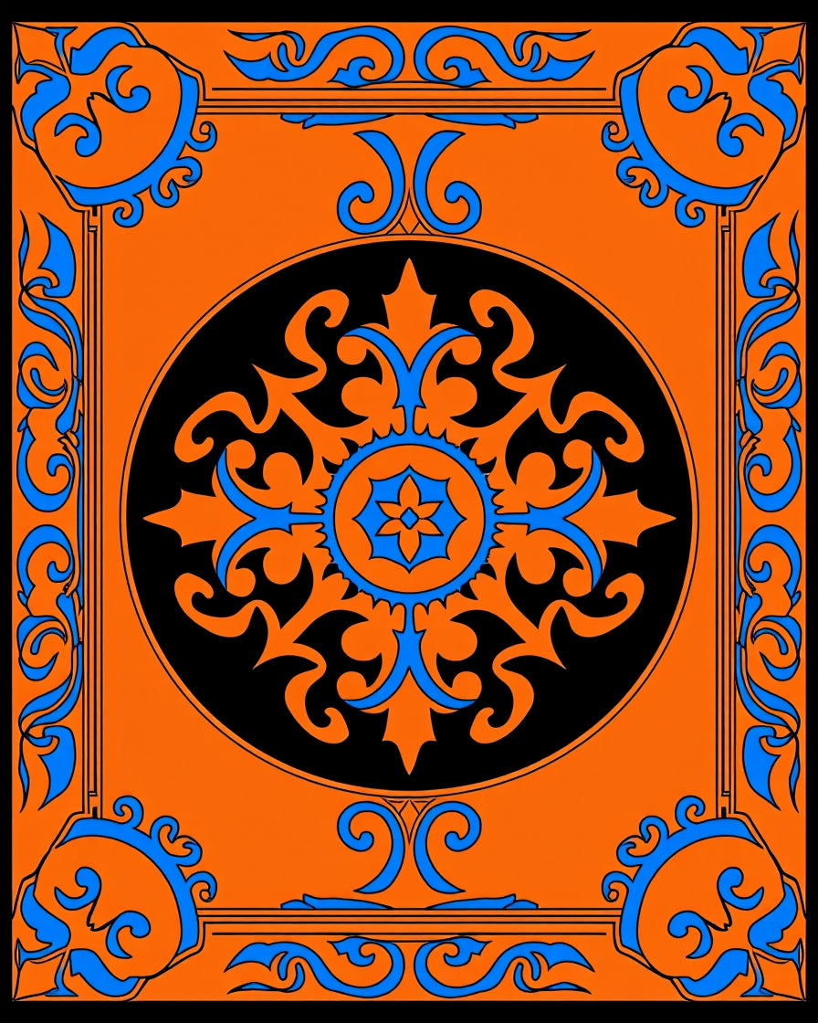 Vibrant Orange Black Blue Medallion Border Rug