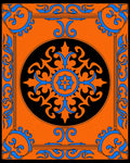 Vibrant Orange Black Blue Medallion Border Rug