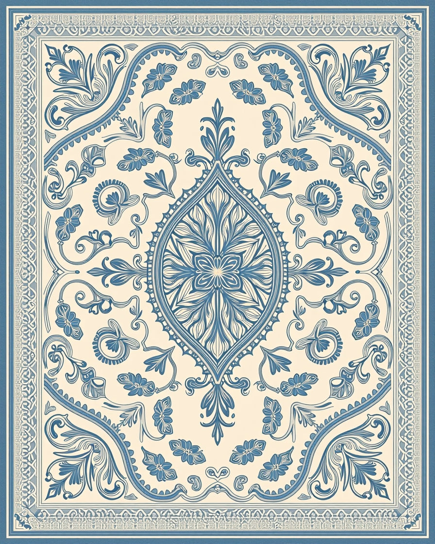 Elaborate Blue Floral Medallion Cream Rug