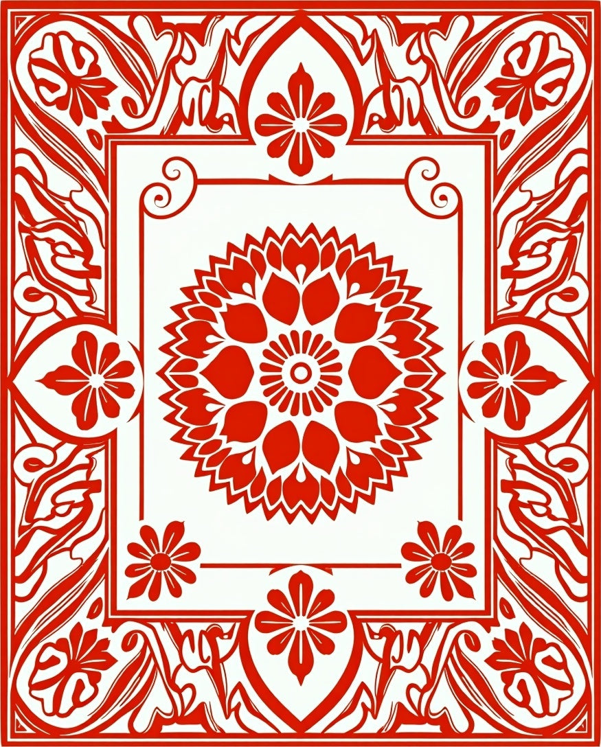 Bright Red Floral Medallion Frame Rug