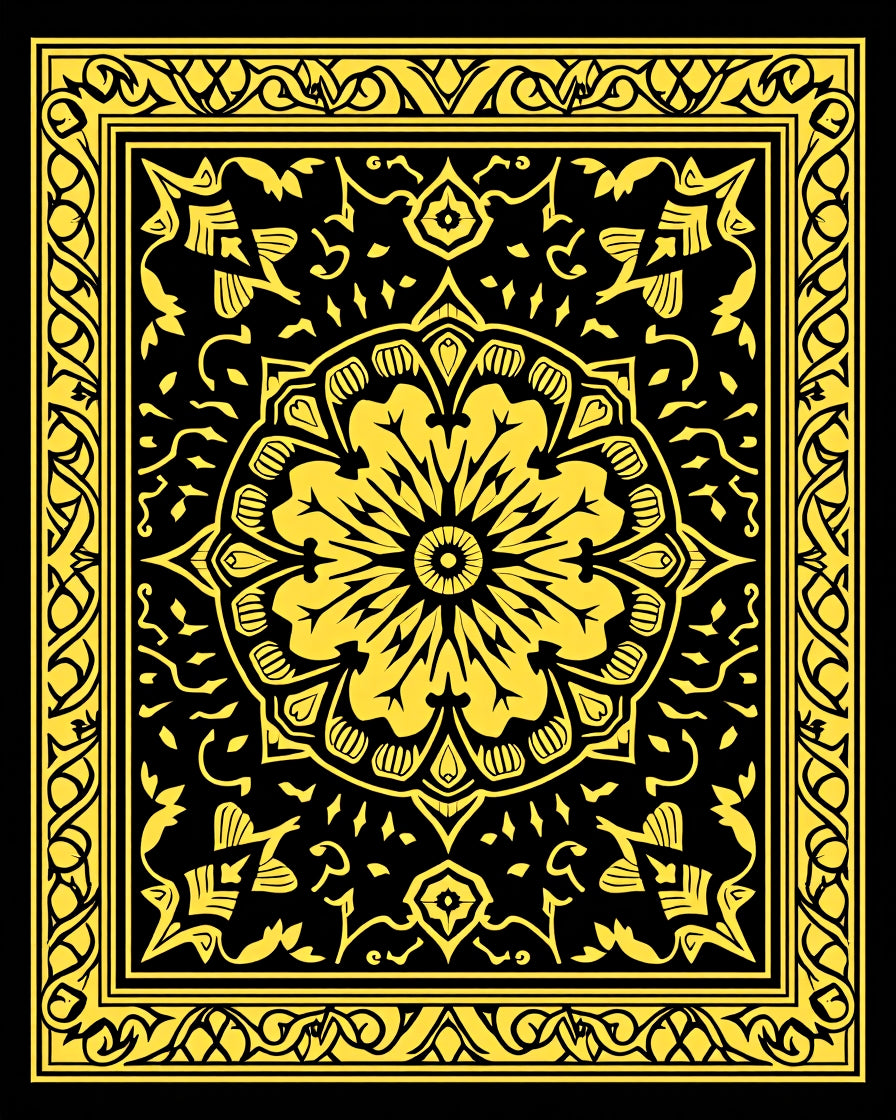 Golden Yellow Floral Mandala Black Rug
