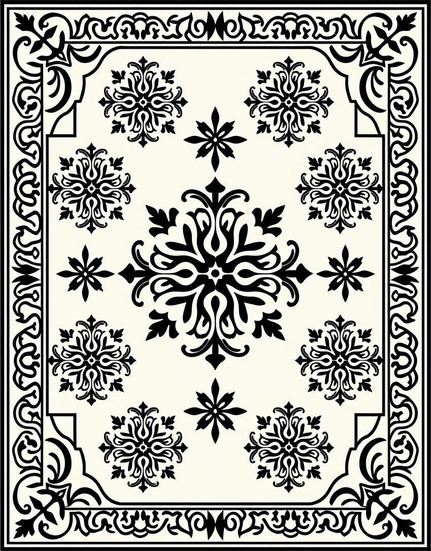 Black and White Floral Medallion Bordered Rug