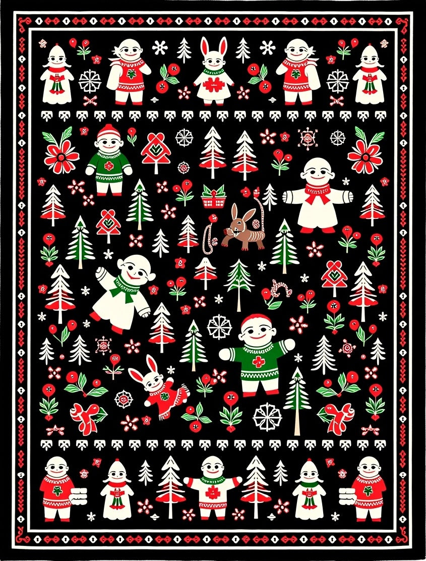 Festive Folklore Characters Red Green Black Rug