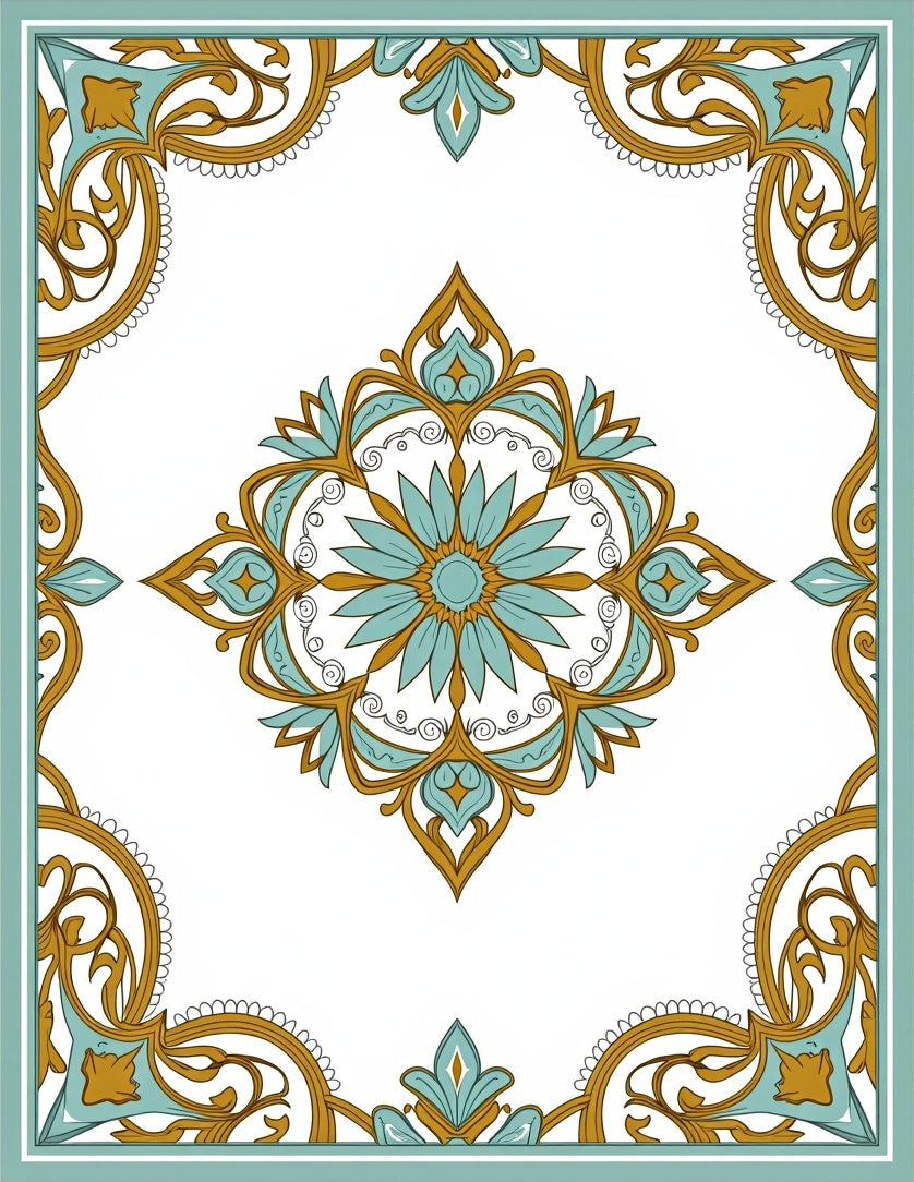 Teal Gold Floral Medallion Border Rug
