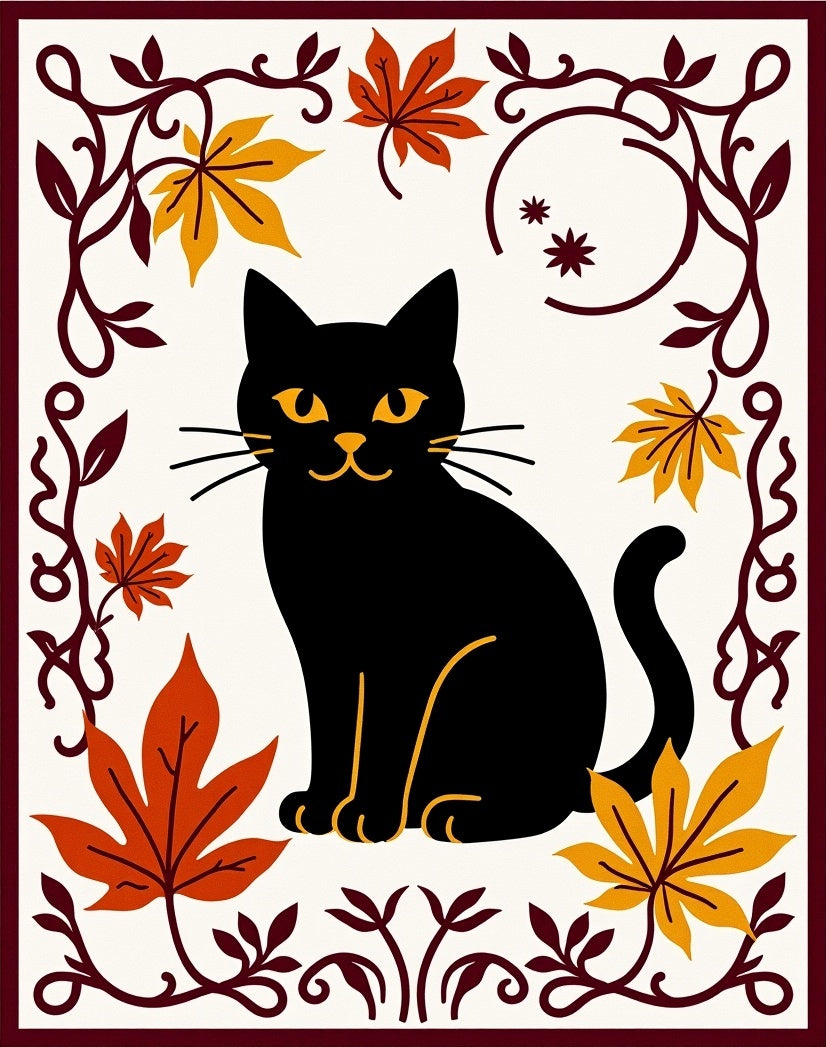 Black Cat Autumn Leaf Border Rug