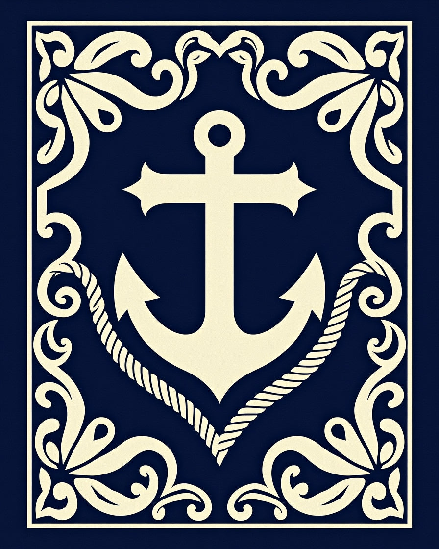 Nautical Cream Anchor Navy Blue Frame Rug