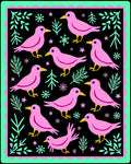 Pink Birds Aqua Foliage Black Background Rug