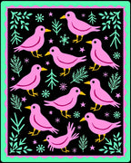 Pink Birds Aqua Foliage Black Background Rug