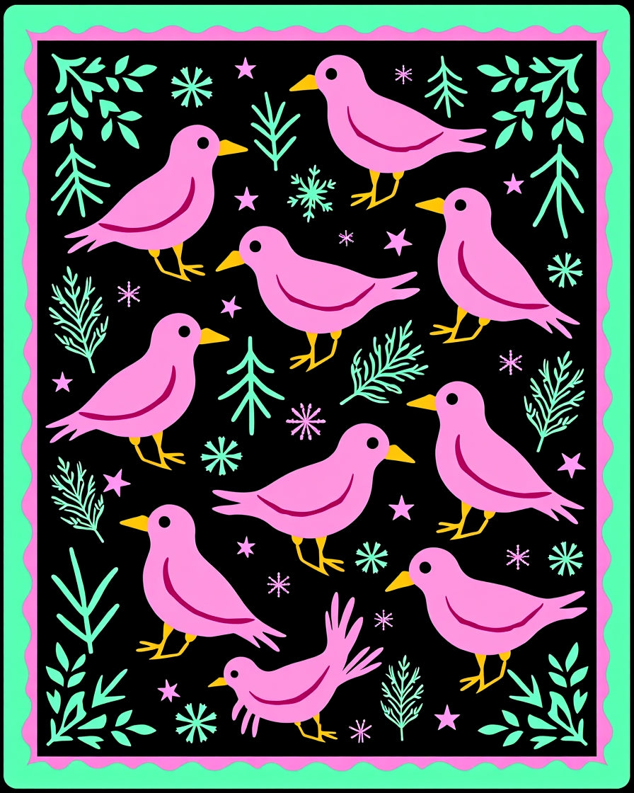 Pink Birds Aqua Foliage Black Background Rug