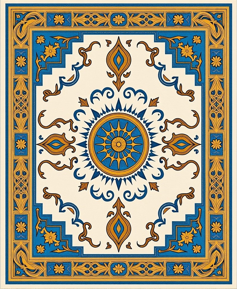 Blue Gold Sun Medallion Floral Rug