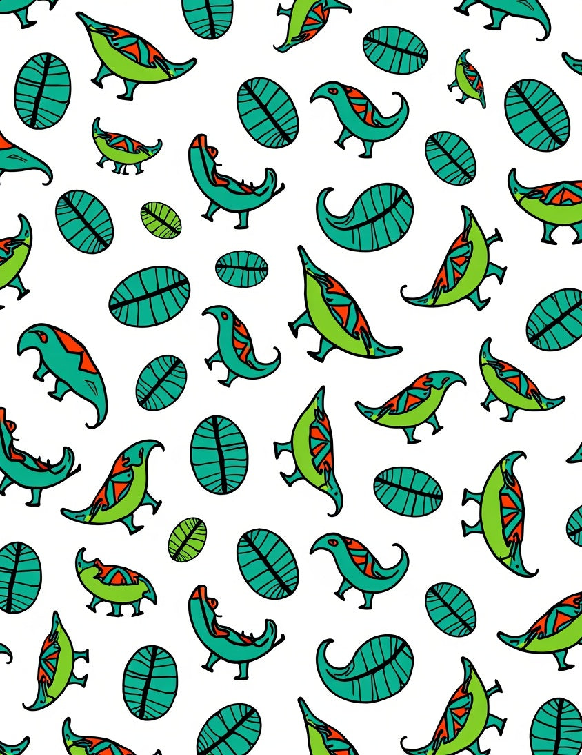 Turquoise Green Dinosaur Leaves Whimsical Rug