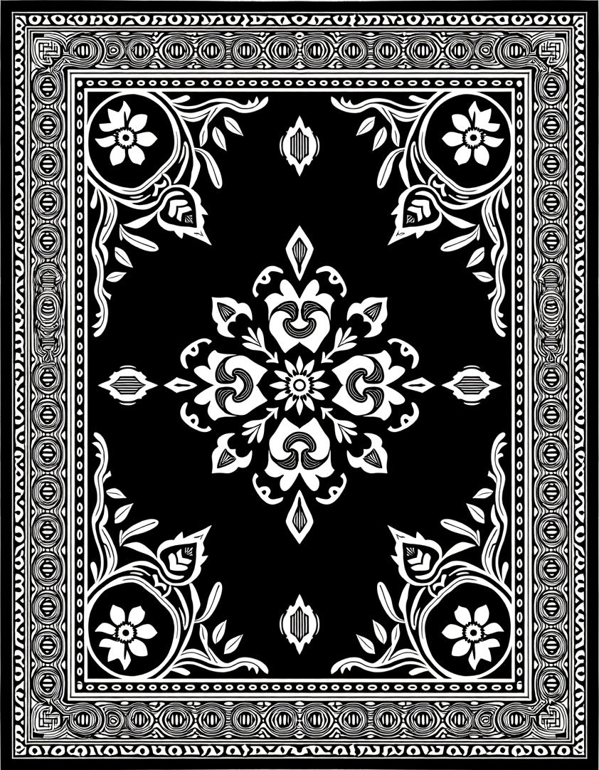 Black White Floral Ornamental Border Rug